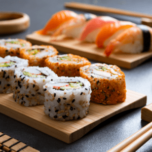 Delisiosos cortes de sushi Ebi roll con Camarón y Palta