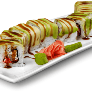 Un rollo de sushi con camarones, queso crema y cebollín. Los camarones son rosados y brillantes, el queso crema es blanco y cremoso, el cebollín es verde y fresco.